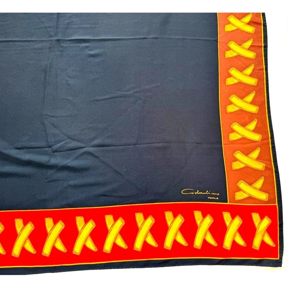 Costantino Roma VTG 100% Silk Scarf Black Red Gold Italy 34in Square Foulard